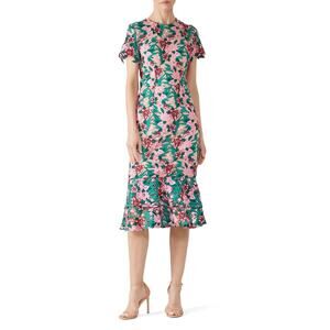 VONE Pink Green Floral Lace Detail Kava Midi Dress Size US 6